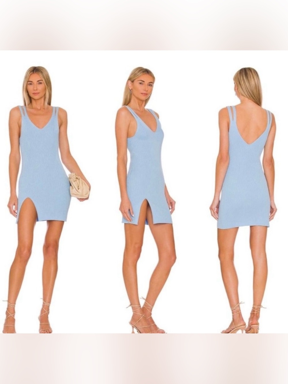 Camila Coelho Light Blue Knit Ribbed V-Neck Mini Dress with Front Slit